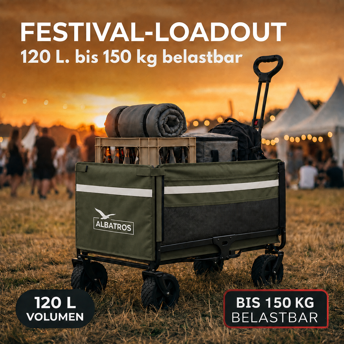 Albatros Bollerwagen Grün klappbar 120L mit Flaschenöffner & Getränkehalter