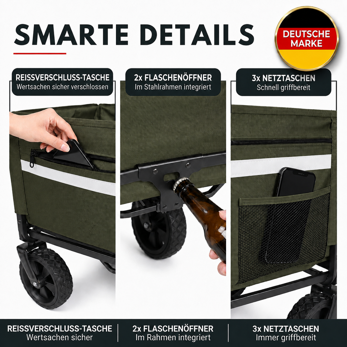 Albatros Bollerwagen Grün klappbar 120L mit Flaschenöffner & Getränkehalter