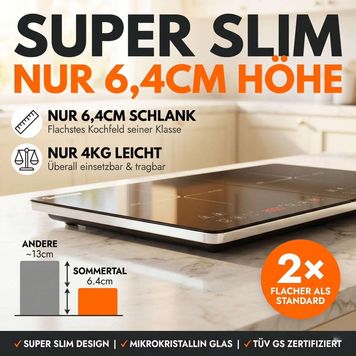 Sommertal Induktionskochfeld Tragbar Super-Slim Design bis 240 °C mit 4h Timer