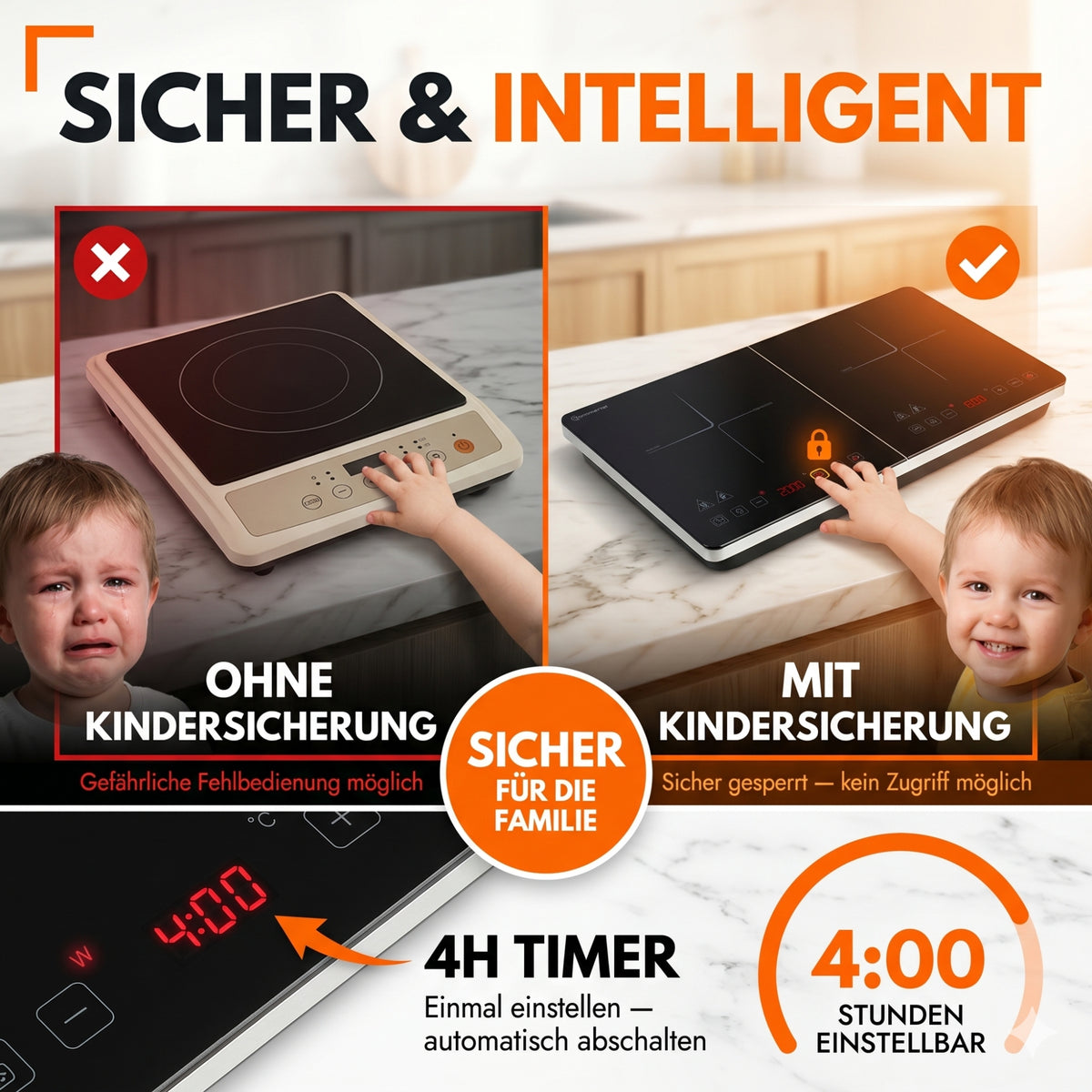 Sommertal Induktionskochfeld Tragbar Super-Slim Design bis 240 °C mit 4h Timer