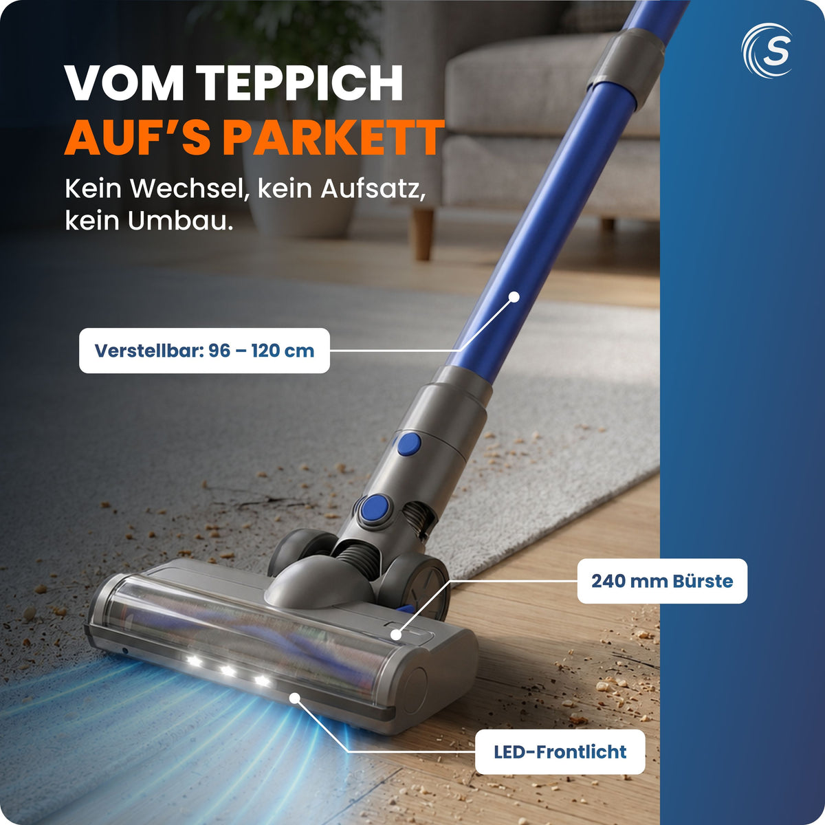 Akku Staubsauger VARIO150 | 3in1 Gerät | 3-Stufen Turbosauger mit 45min Laufzeit und Schnellladen | für 300m² | Teppich Hartböden Tierhaare | Kabellos | Stabstaubsauger