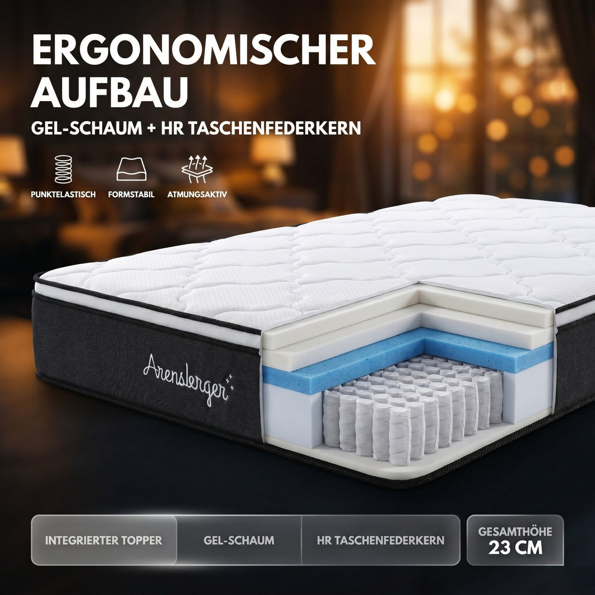 Arensberger EMILIA Federkernmatratze mit GEL-Schaum und integriertem Topper | Höhe 23cm