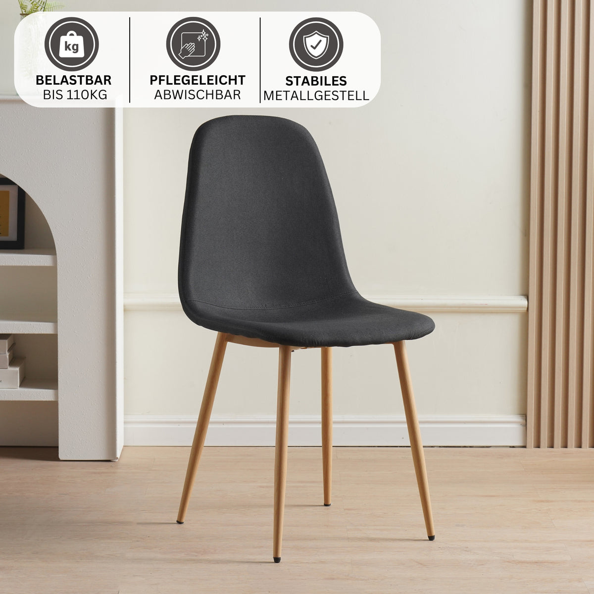 ALBATROS Designer Esszimmerstuhl FANO | 4er Set | Schwarz, Grau, Beige | Stoff Bezug