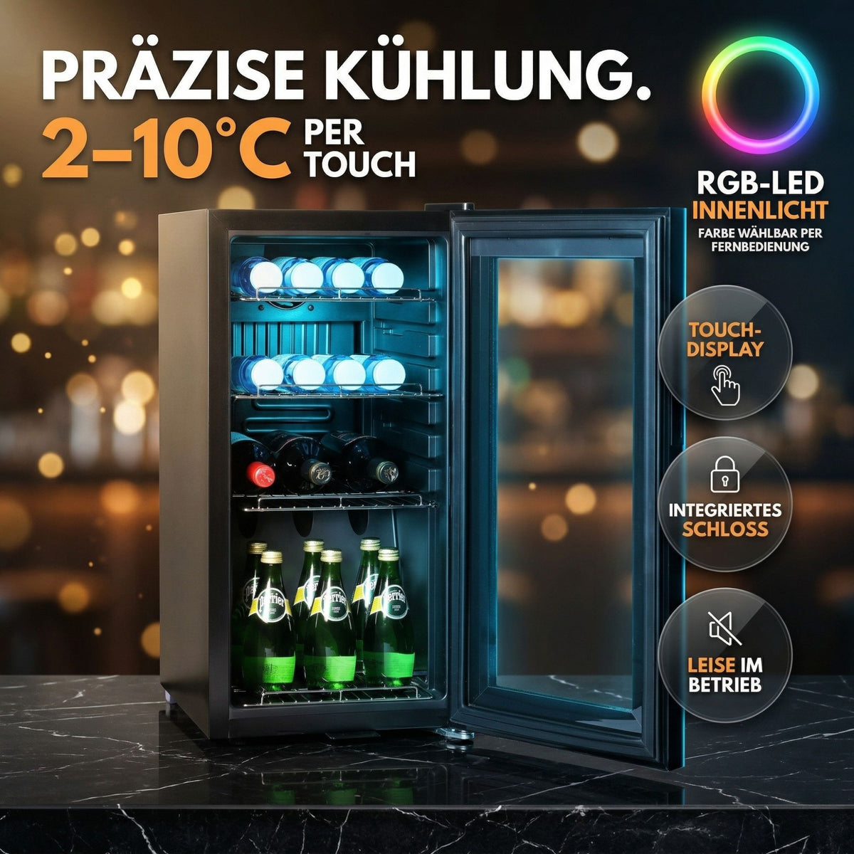 Kühlschrank GKL 50– Leiser Getränkekühlschrank mit RGB LED, Touchscreen & Schloss kleiner Flaschenkühlschrank schwarz 50L