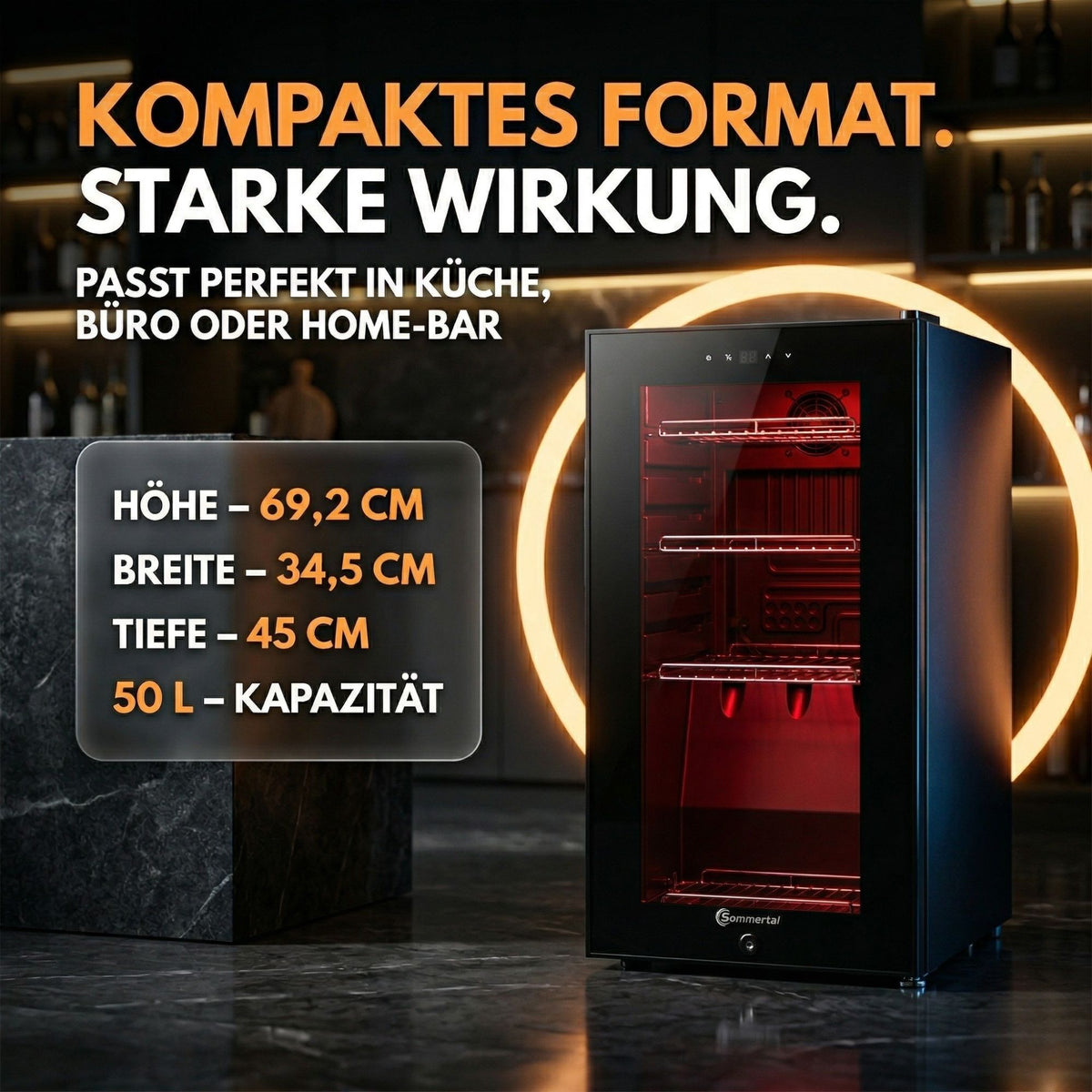 Kühlschrank GKL 50– Leiser Getränkekühlschrank mit RGB LED, Touchscreen & Schloss kleiner Flaschenkühlschrank schwarz 50L