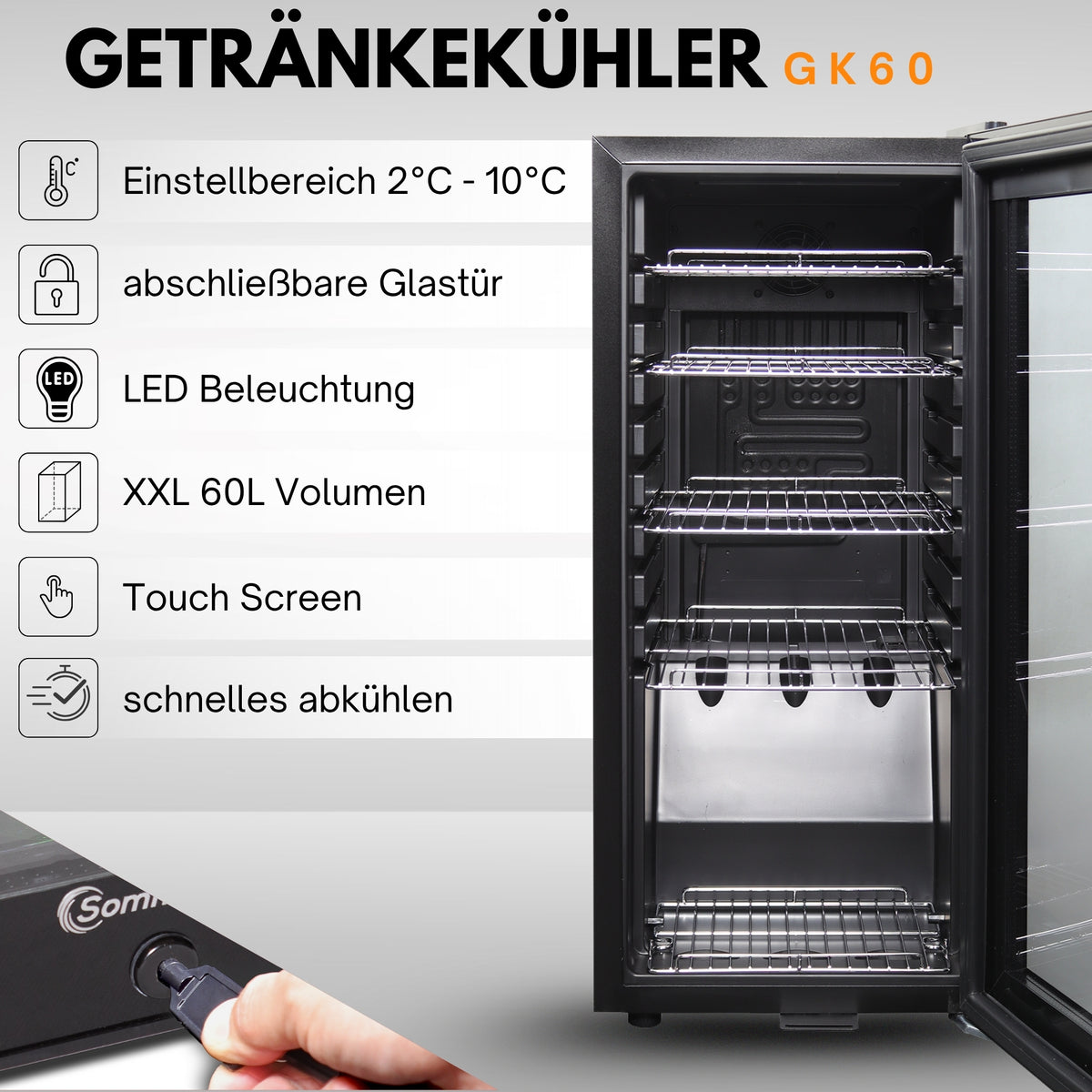 Kühlschrank GK 60– Leiser Getränkekühlschrank mit LED, Touchscreen & Schloss kleiner Flaschenkühlschrank schwarz 60L