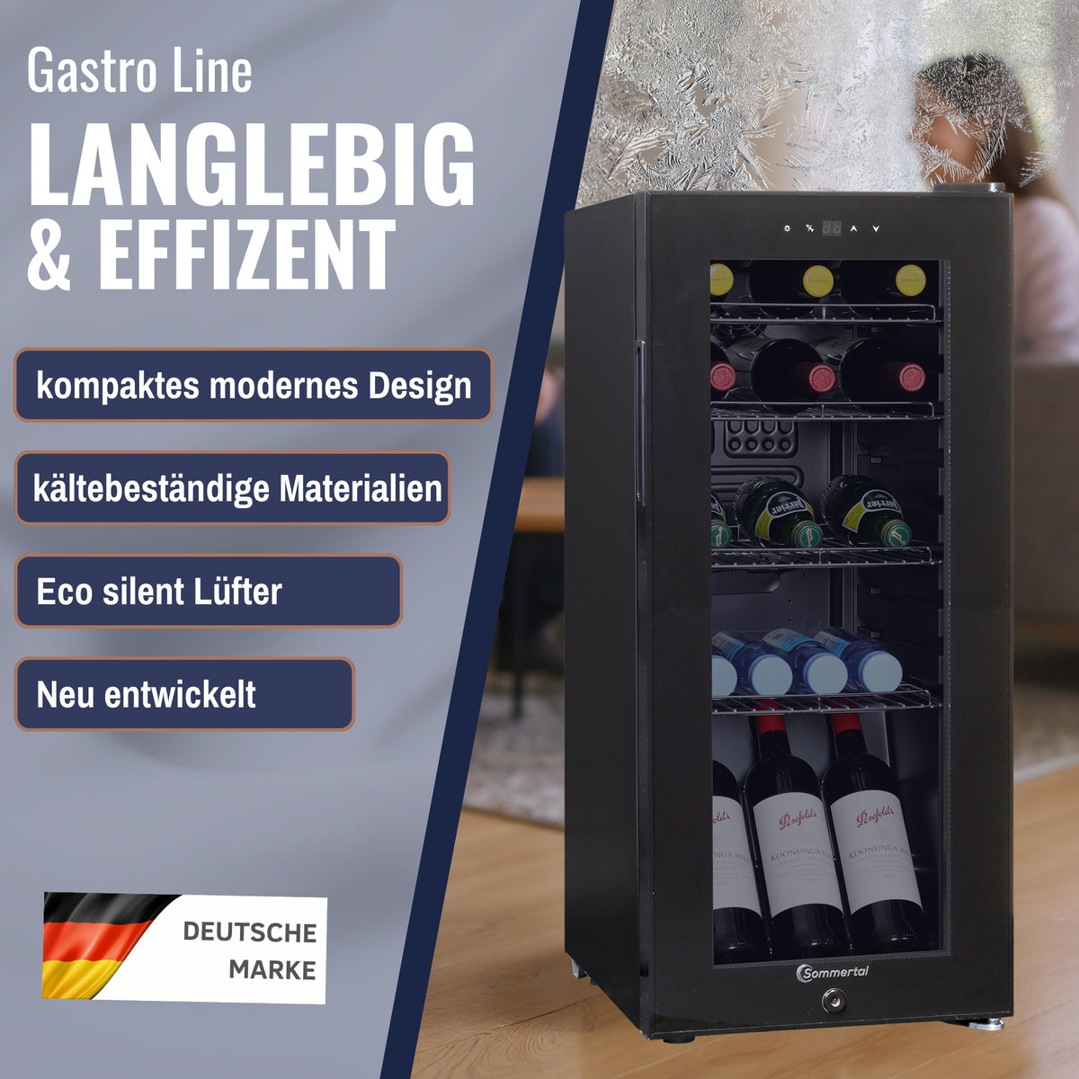 Kühlschrank GK 60– Leiser Getränkekühlschrank mit LED, Touchscreen & Schloss kleiner Flaschenkühlschrank schwarz 60L