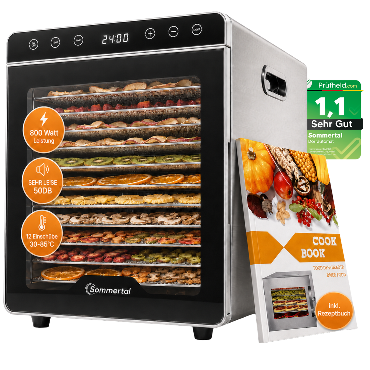 Sommertal Dörrautomat Silence 800 | 12 Edelstahl-Einschübe, 800 Watt, 30–85°C, 24h Timer