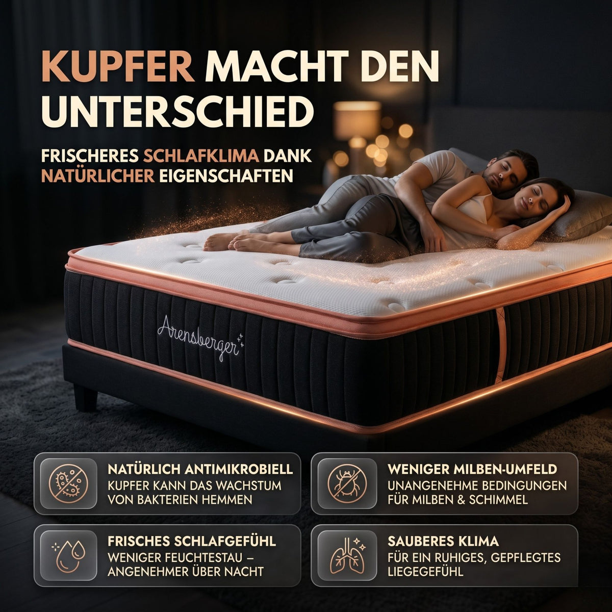 Arensberger Kupfermatratze mit Federkern & Kupferschaum + integrierter Topper | Höhe 25cm | Härtegrad H3/ H4