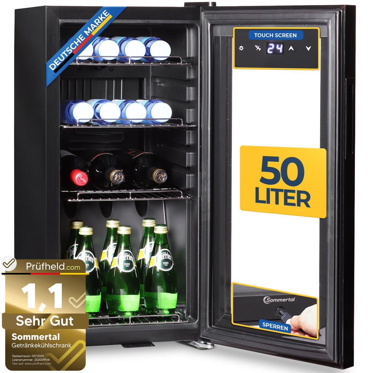 Kühlschrank GK 50– Leiser Getränkekühlschrank Gefrierfach mit LED, Touchscreen schwarz 50L