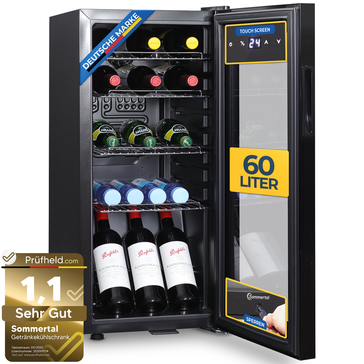Kühlschrank GK 60– Leiser Getränkekühlschrank mit LED, Touchscreen & Schloss kleiner Flaschenkühlschrank schwarz 60L
