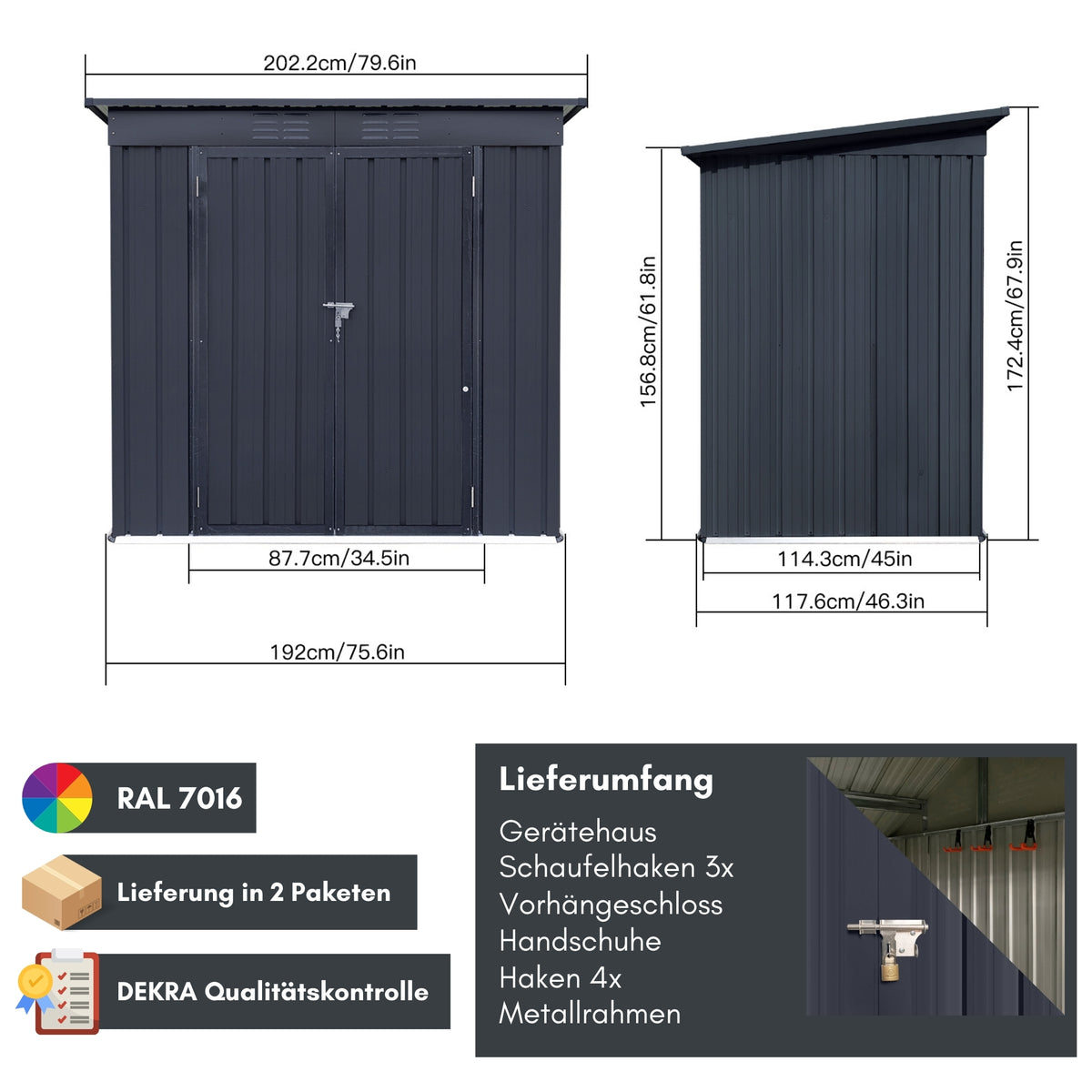 Albatros Profi Gerätehaus L – verzinktes Metall in Anthrazit (RAL 7016) | 202x118x173cm