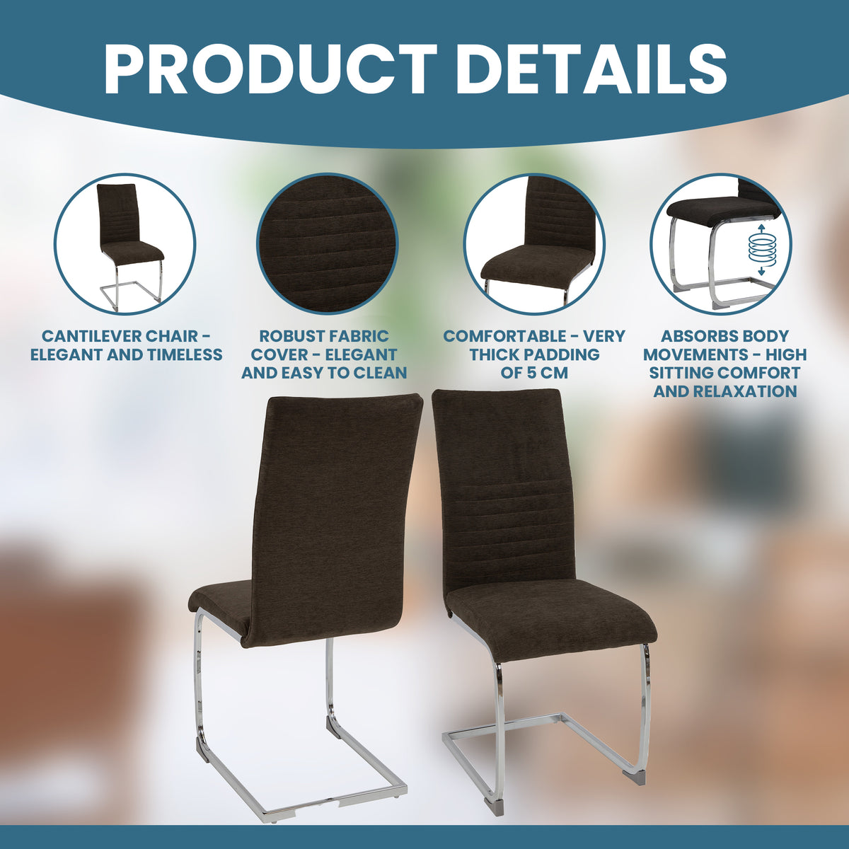 ALBATROS Freischwinger Designerstuhl LUGANO | 4er Set | Schwarz, Grau | Stoff Bezug