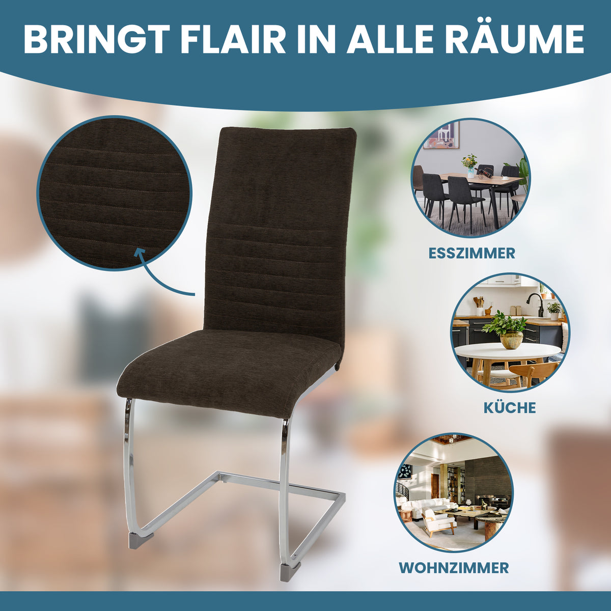 ALBATROS Freischwinger Designerstuhl LUGANO | 4er Set | Schwarz, Grau | Stoff Bezug