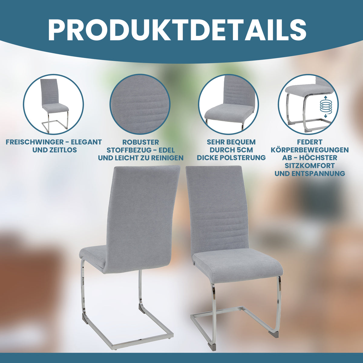 ALBATROS Freischwinger Designerstuhl LUGANO | 4er Set | Schwarz, Grau | Stoff Bezug