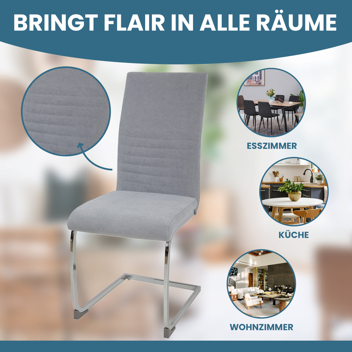 ALBATROS Freischwinger Designerstuhl LUGANO | 4er Set | Schwarz, Grau | Stoff Bezug