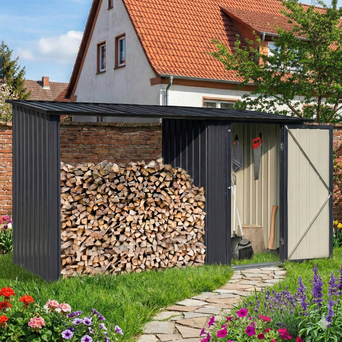 Albatros Profi Gerätehaus M –Geräteschuppen mit Holzunterstand, 2,3m³, verzinktes Metall in Anthrazit (RAL 7016) | 266x127x161cm
