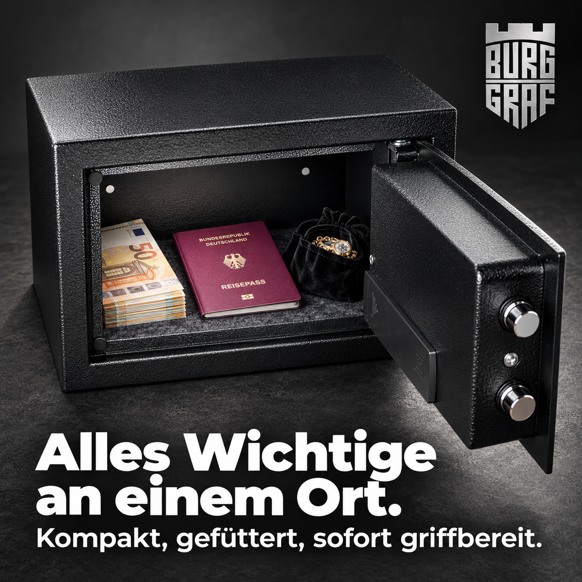 Burggraf Gr. M Safe, Tresor für zuhause, 20x31x20 cm, Buch-Safe, Hammerschlag, Zahlencode