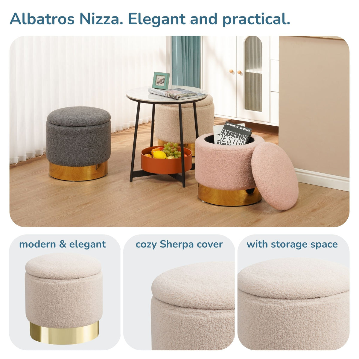 Sitzhocker mit Stauraum NIZZA Sherpa oder Samtbezug