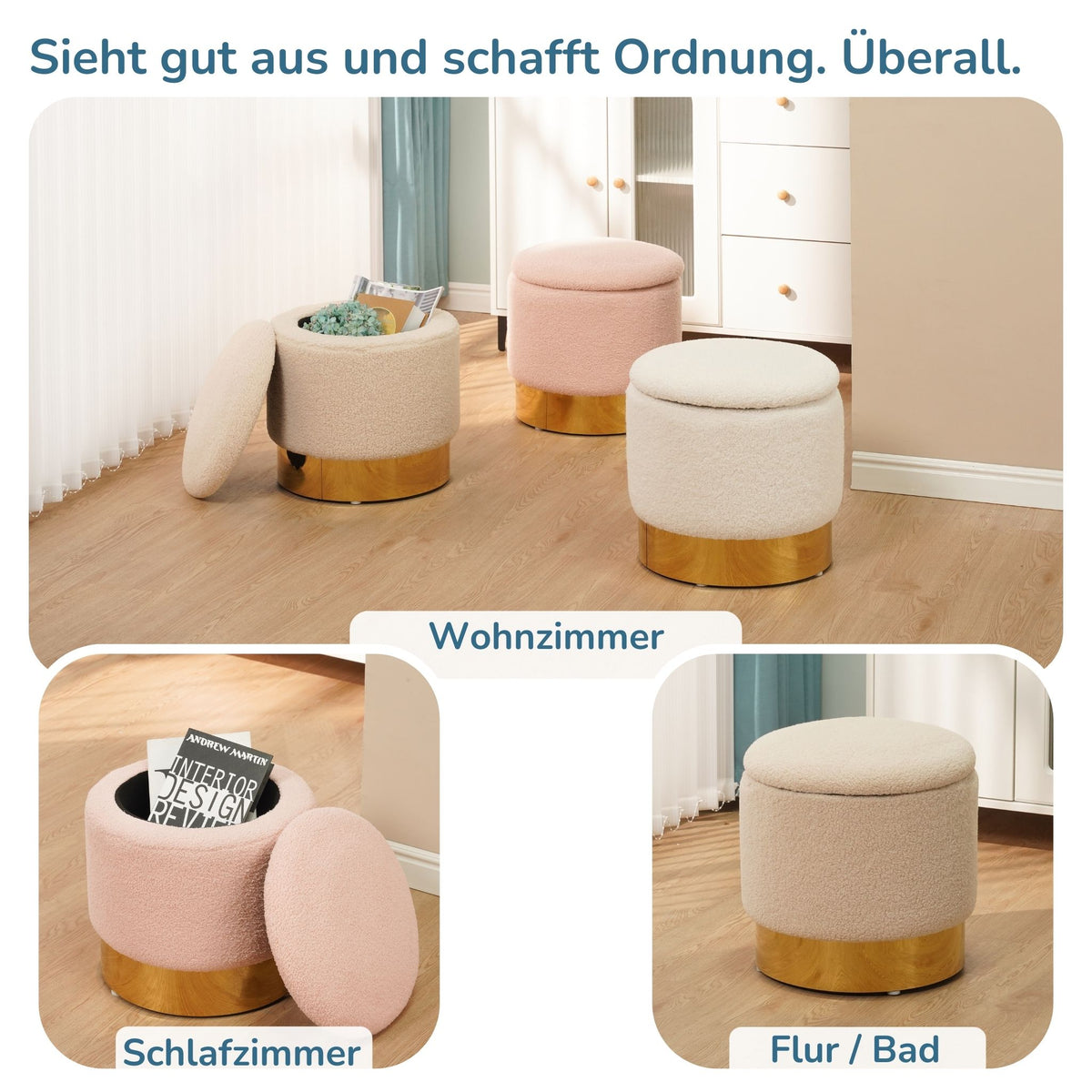 Sitzhocker mit Stauraum NIZZA Sherpa oder Samtbezug