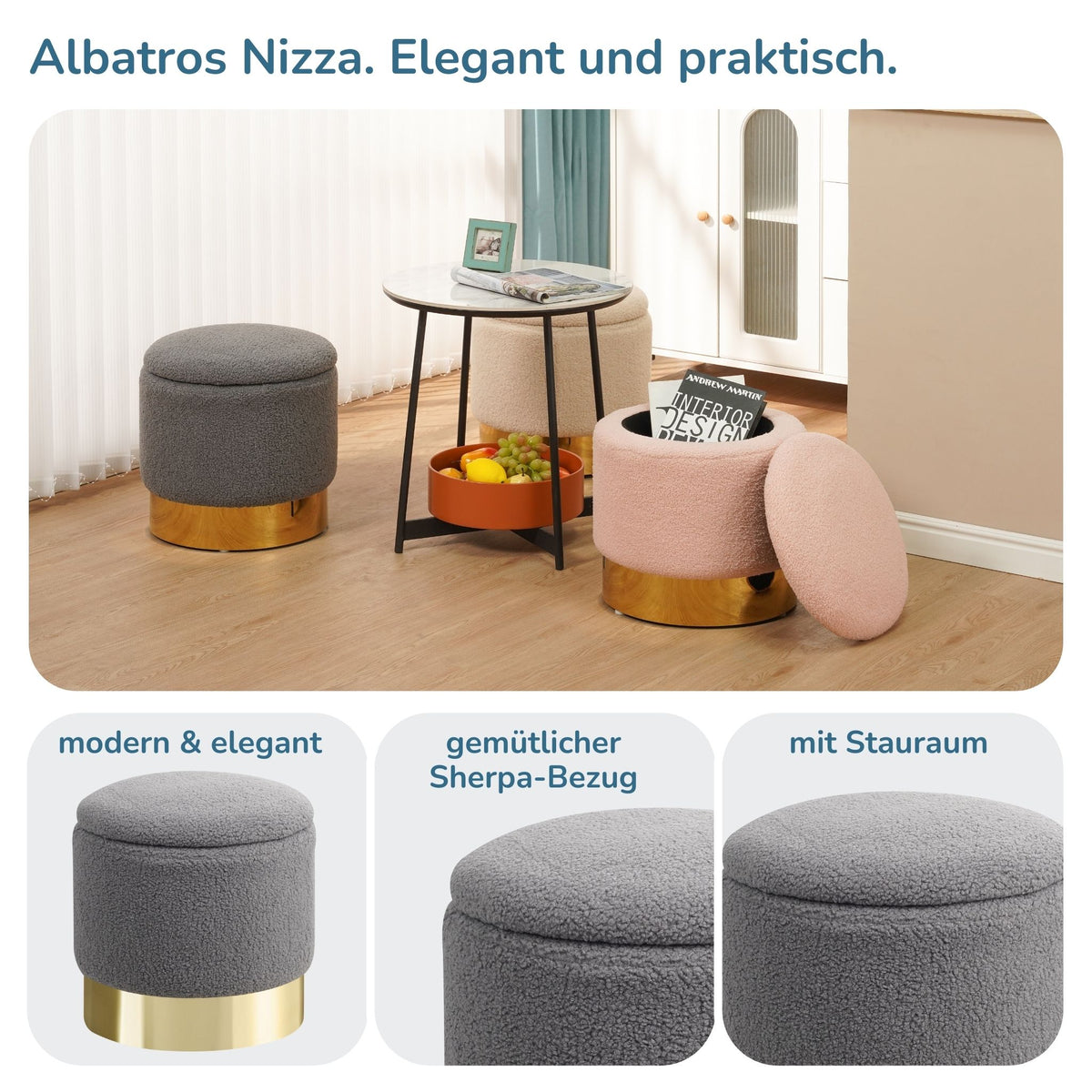 Sitzhocker mit Stauraum NIZZA Sherpa oder Samtbezug