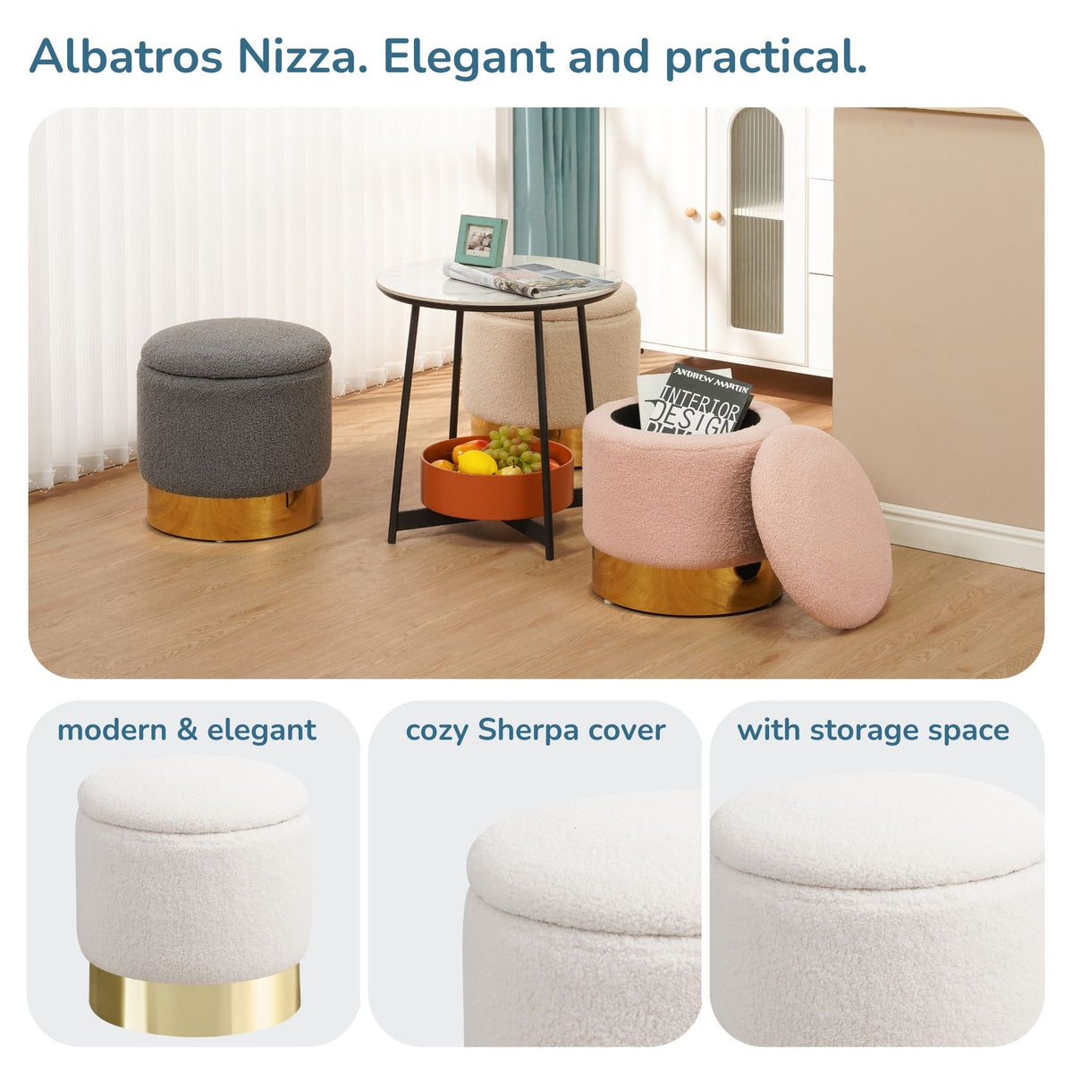 Sitzhocker mit Stauraum NIZZA Sherpa oder Samtbezug