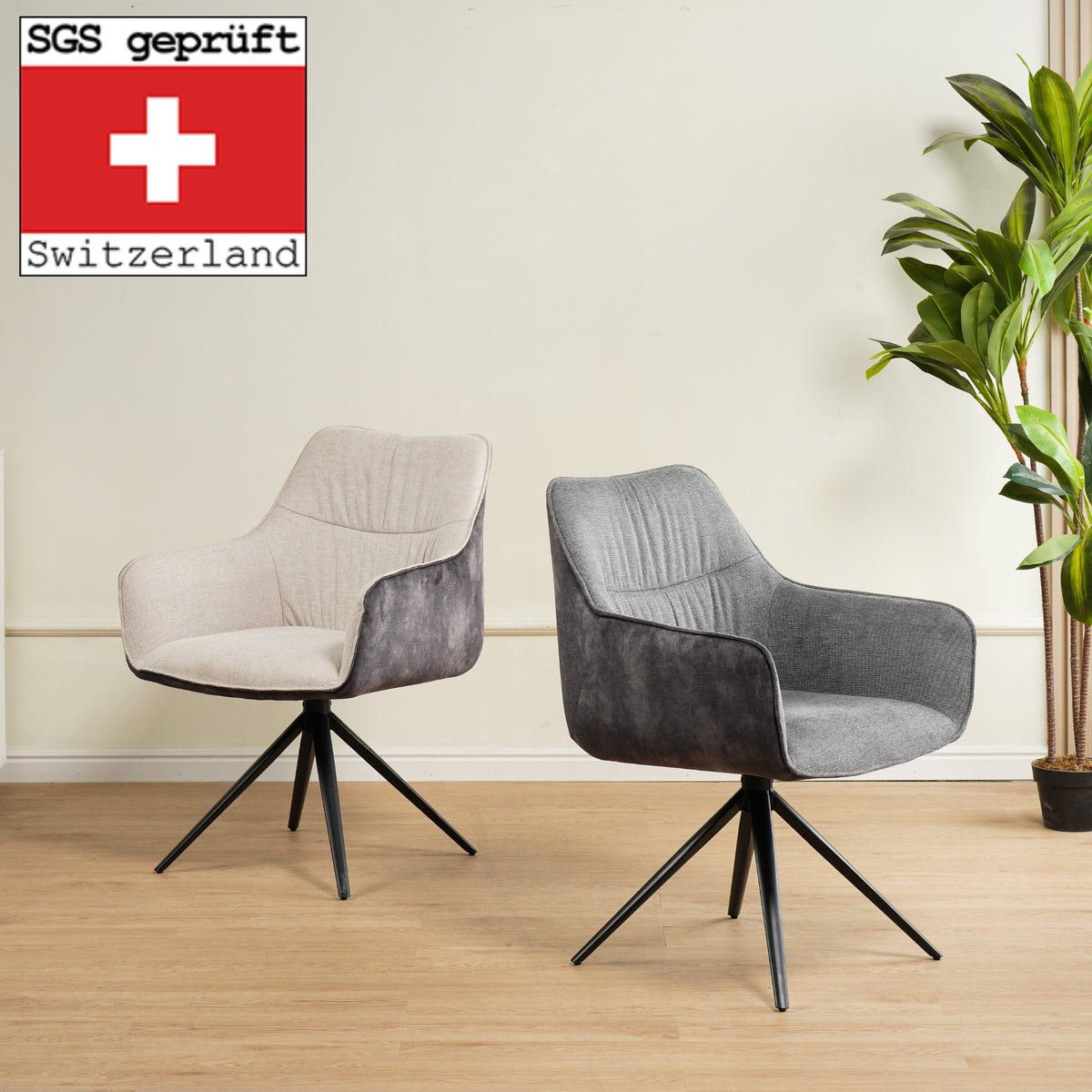 RAVINO Designer Drehstuhl PULA | 1er Set | Grau, Beige | Stoff Bezug