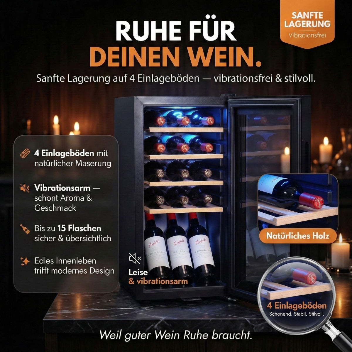 WK 50 Weinkühlschrank – 15 Flaschen, 5–20 °C einstellbar, abschließbar, LED-Beleuchtung, Glastür, Touchscreen, 4 Holz-Einlegeböden, leise