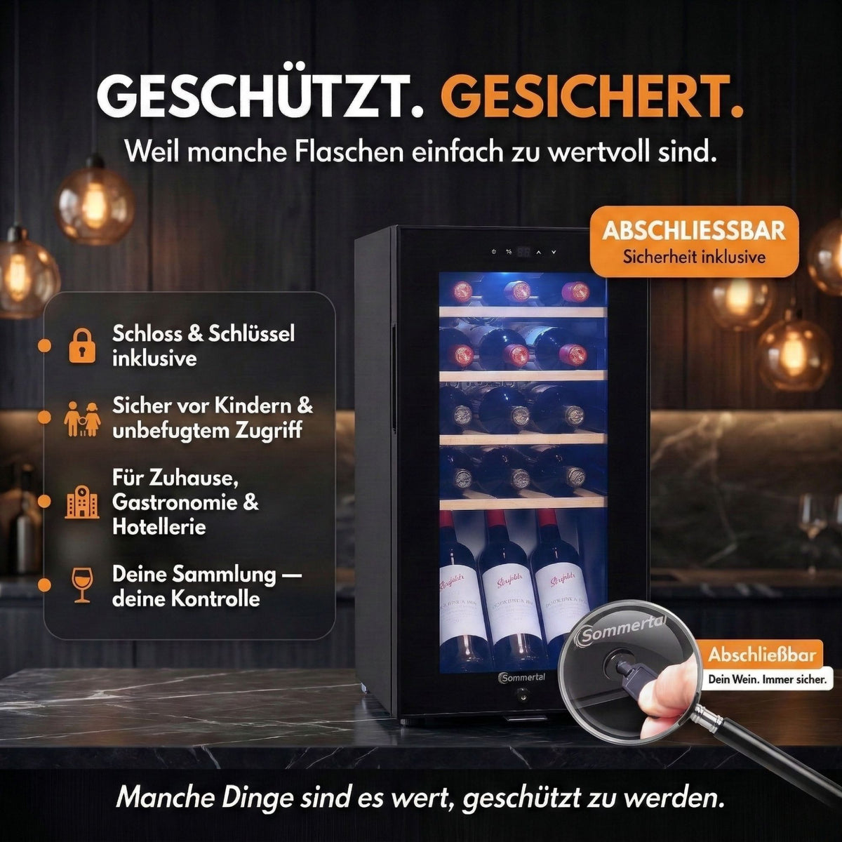 WK 50 Weinkühlschrank – 15 Flaschen, 5–20 °C einstellbar, abschließbar, LED-Beleuchtung, Glastür, Touchscreen, 4 Holz-Einlegeböden, leise