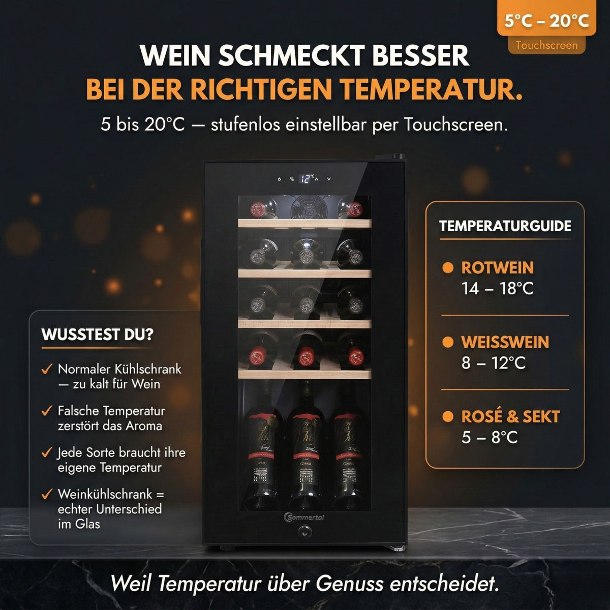 WK 50 Weinkühlschrank – 15 Flaschen, 5–20 °C einstellbar, abschließbar, LED-Beleuchtung, Glastür, Touchscreen, 4 Holz-Einlegeböden, leise