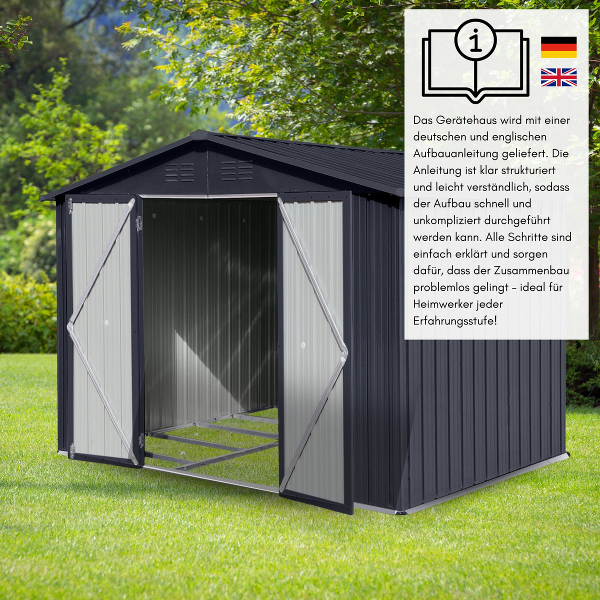 Albatros Profi Gerätehaus XL – verzinktes Metall in Anthrazit (RAL 7016) | 241x171x192cm