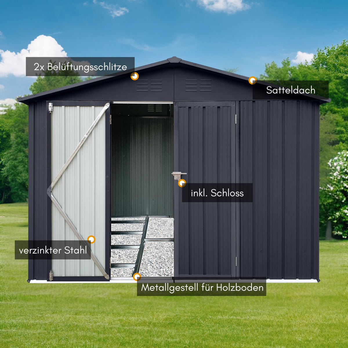 Albatros Profi Gerätehaus XL – verzinktes Metall in Anthrazit (RAL 7016) | 241x171x192cm