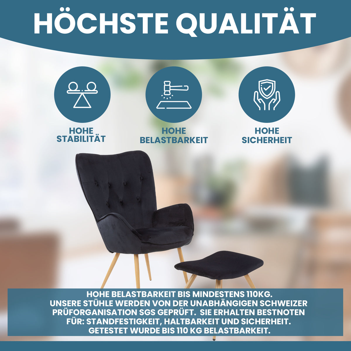 Ohrensessel mit Hocker YORK - Gemütlicher Bezug in Samtoptik