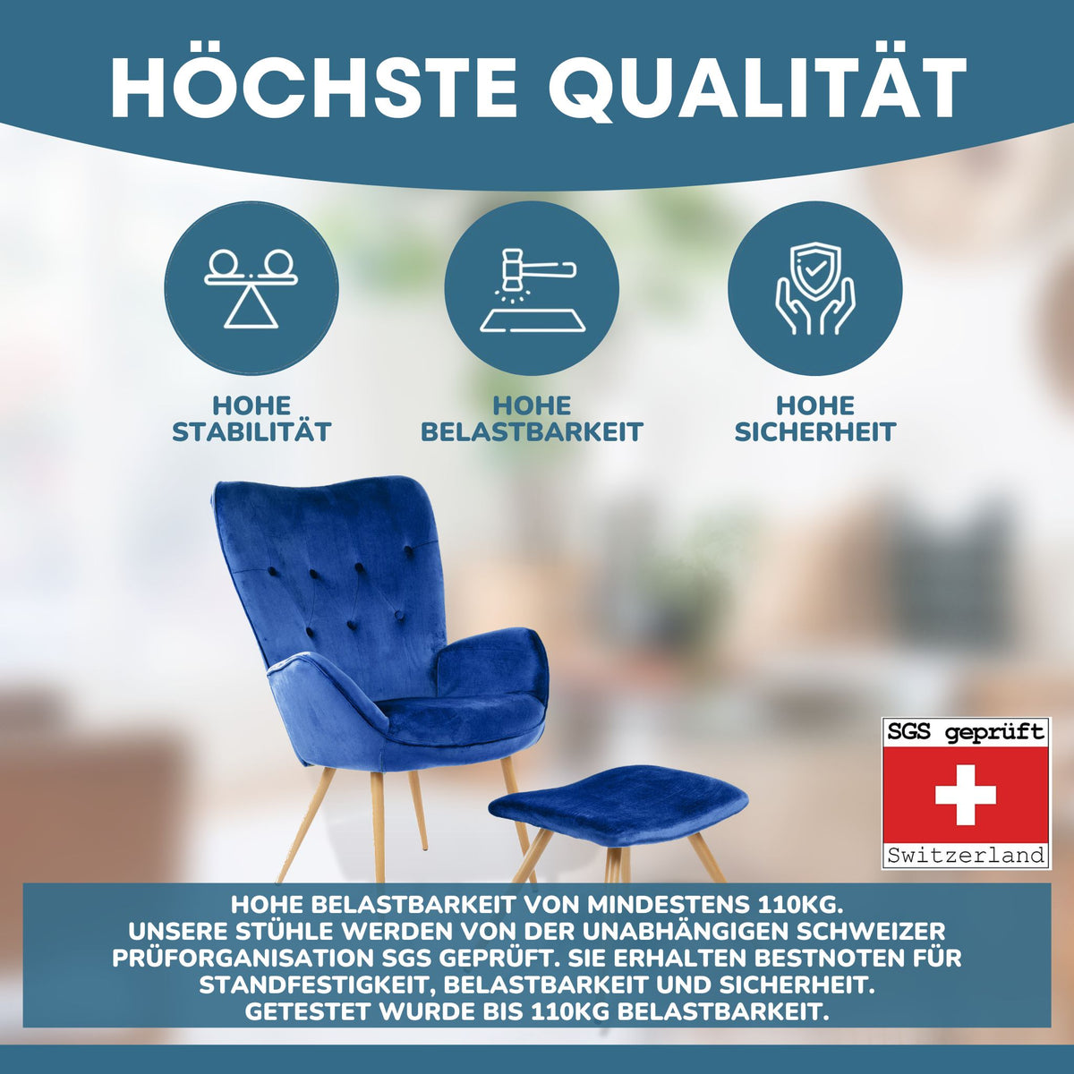 Ohrensessel mit Hocker YORK - Gemütlicher Bezug in Samtoptik