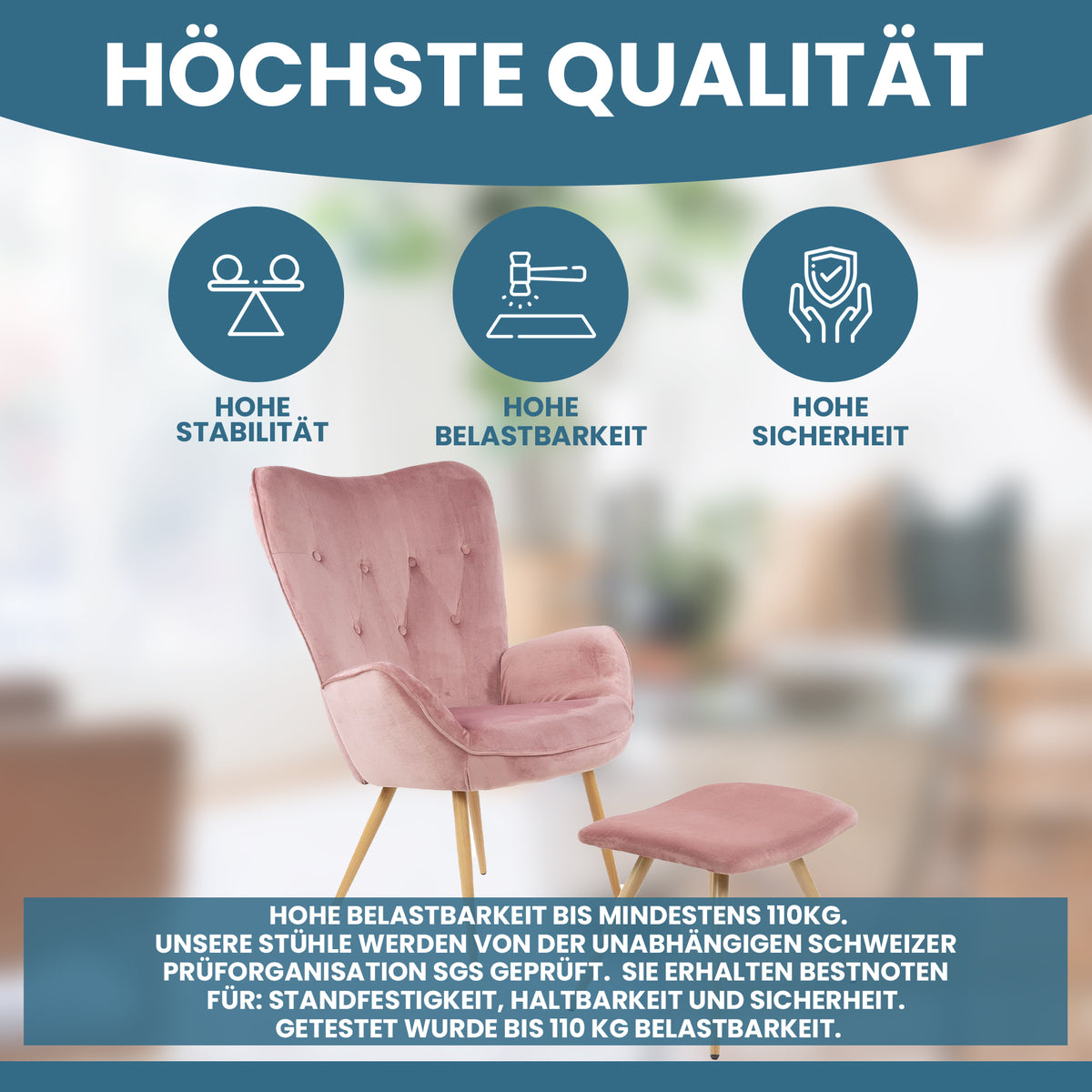 Ohrensessel mit Hocker YORK - Gemütlicher Bezug in Samtoptik