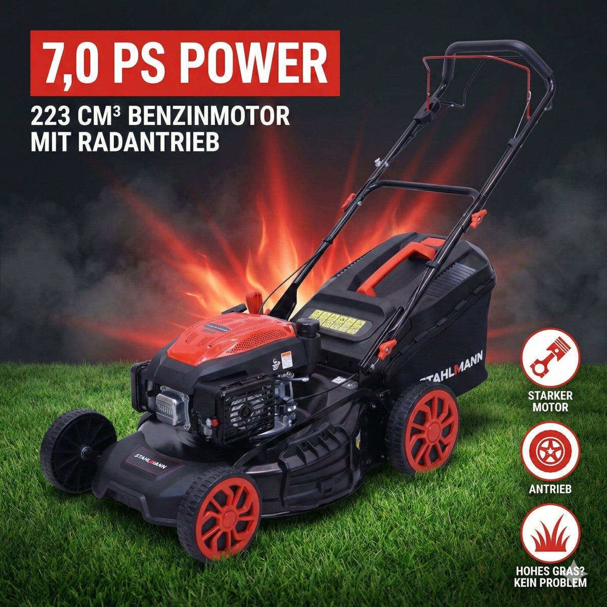Rasenmäher Benzin mit Antrieb BR532 – 7,0PS (5,1kW) 224ccm mit Antrieb, 53cm Schnittbreite, Mulchen, Schnitthöhenverstellung, Easy Clean Anschluss, Große Räder, 60L Korb