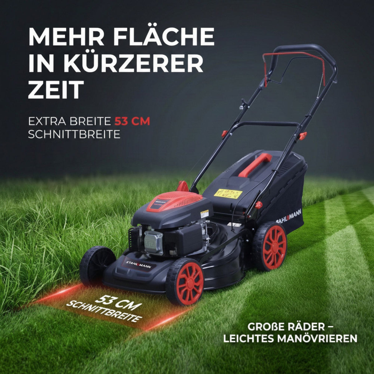 Rasenmäher Benzin mit Antrieb BR532 – 7,0PS (5,1kW) 224ccm mit Antrieb, 53cm Schnittbreite, Mulchen, Schnitthöhenverstellung, Easy Clean Anschluss, Große Räder, 60L Korb