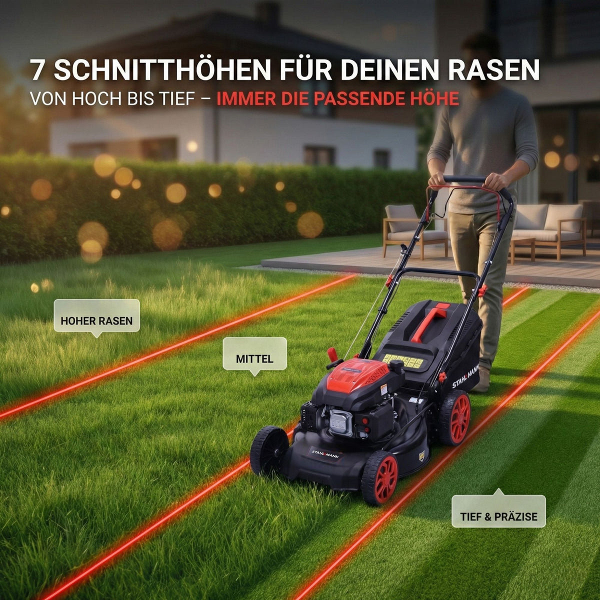 Rasenmäher Benzin mit Antrieb BR532 – 7,0PS (5,1kW) 224ccm mit Antrieb, 53cm Schnittbreite, Mulchen, Schnitthöhenverstellung, Easy Clean Anschluss, Große Räder, 60L Korb