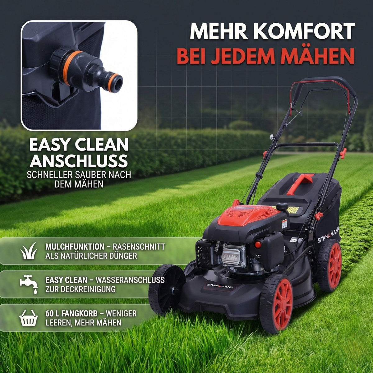 Rasenmäher Benzin mit Antrieb BR532 – 7,0PS (5,1kW) 224ccm mit Antrieb, 53cm Schnittbreite, Mulchen, Schnitthöhenverstellung, Easy Clean Anschluss, Große Räder, 60L Korb