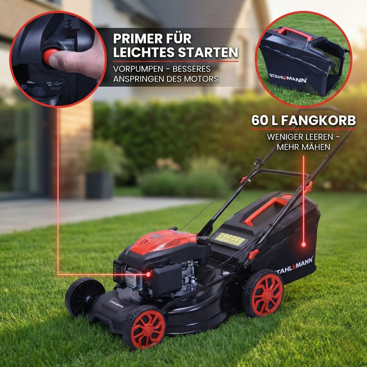 Rasenmäher Benzin mit Antrieb BR532 – 7,0PS (5,1kW) 224ccm mit Antrieb, 53cm Schnittbreite, Mulchen, Schnitthöhenverstellung, Easy Clean Anschluss, Große Räder, 60L Korb