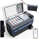 Kompressor-Kühlbox mit Eiswürfelmaschine C32E, −20 bis +20 °C, 12/24V & 230V, App-Steuerung und Trolleyfunktion.
