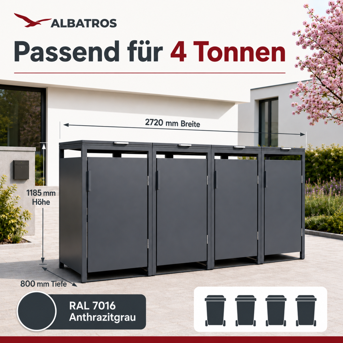 Mülltonnenbox 4er Hauswandversion, 120L bis 240L, für Vier Tonnen, verzinktes Metall RAL7016 Anthrazit, offene Rückseite, bessere Belüftung, wetterfest, ISO9227, verstellbare Füße