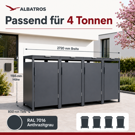 Mülltonnenbox 4er Hauswandversion, 120L bis 240L, für Vier Tonnen, verzinktes Metall RAL7016 Anthrazit, offene Rückseite, bessere Belüftung, wetterfest, ISO9227, verstellbare Füße