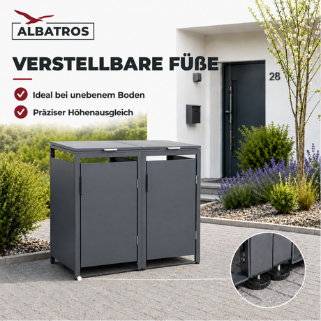 Mülltonnenbox 2er Hauswandversion, 120L bis 240L, für Zwei Tonnen, verzinktes Metall RAL7016 Anthrazit, offene Rückseite, bessere Belüftung, wetterfest, ISO9227, verstellbare Füße