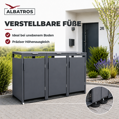 Mülltonnenbox 3er Hauswandversion, 120L bis 240L, für Drei Tonnen, verzinktes Metall RAL7016 Anthrazit, offene Rückseite, bessere Belüftung, wetterfest, ISO9227, verstellbare Füße