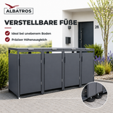 Mülltonnenbox 4er Hauswandversion, 120L bis 240L, für Vier Tonnen, verzinktes Metall RAL7016 Anthrazit, offene Rückseite, bessere Belüftung, wetterfest, ISO9227, verstellbare Füße