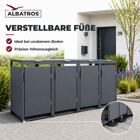 Mülltonnenbox 4er Hauswandversion, 120L bis 240L, für Vier Tonnen, verzinktes Metall RAL7016 Anthrazit, offene Rückseite, bessere Belüftung, wetterfest, ISO9227, verstellbare Füße