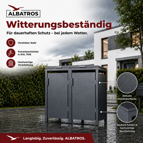 Mülltonnenbox 2er Hauswandversion, 120L bis 240L, für Zwei Tonnen, verzinktes Metall RAL7016 Anthrazit, offene Rückseite, bessere Belüftung, wetterfest, ISO9227, verstellbare Füße