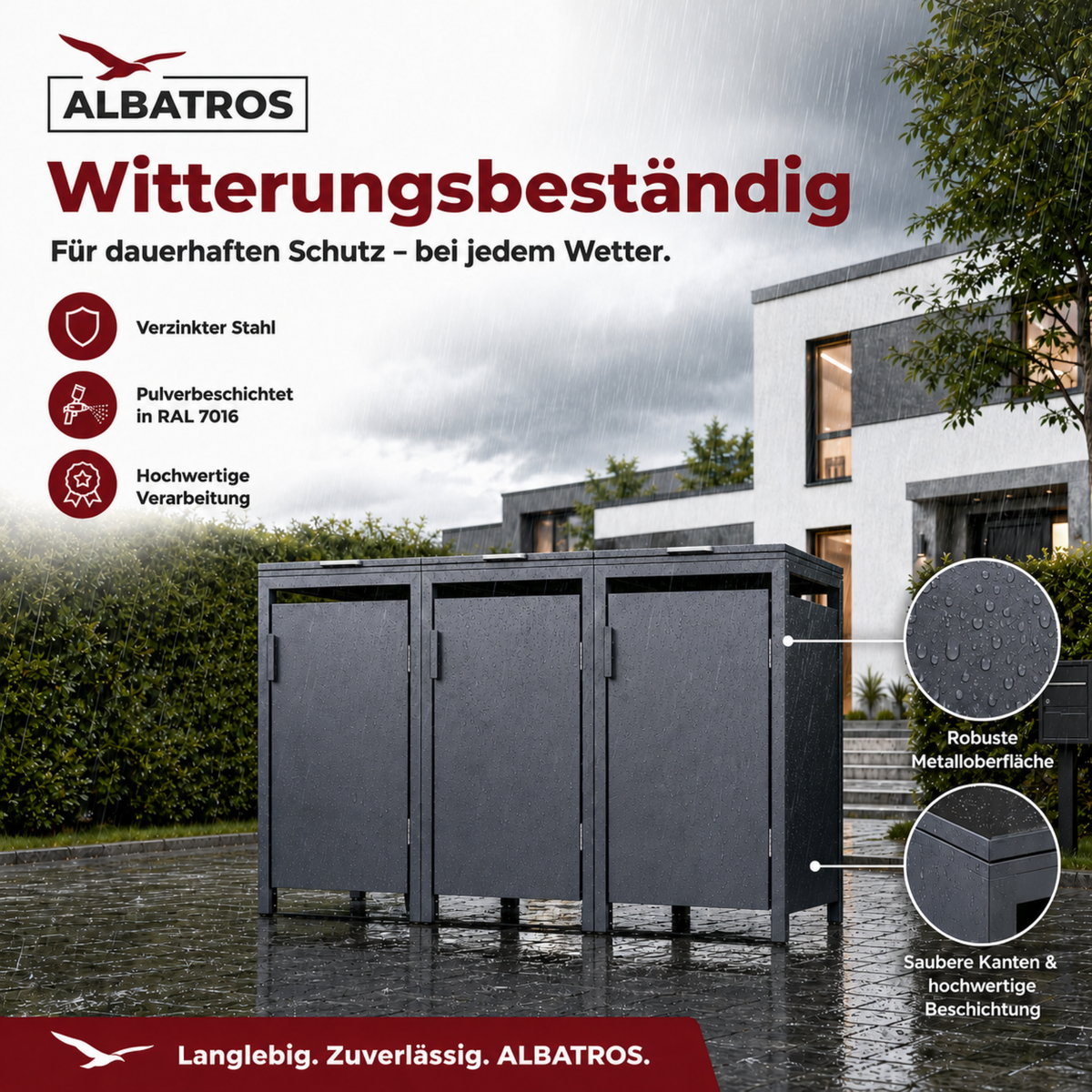 Mülltonnenbox 3er Hauswandversion, 120L bis 240L, für Drei Tonnen, verzinktes Metall RAL7016 Anthrazit, offene Rückseite, bessere Belüftung, wetterfest, ISO9227, verstellbare Füße