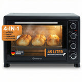 Minibackofen 45L mit Drehspieß & Umluft + 1L Backofenreiniger, 2000W, Hähnchengrill, Backen, Grillen & Pizza, Mini Backofen 45 Liter, 60 Min Timer, inkl. Zubehör